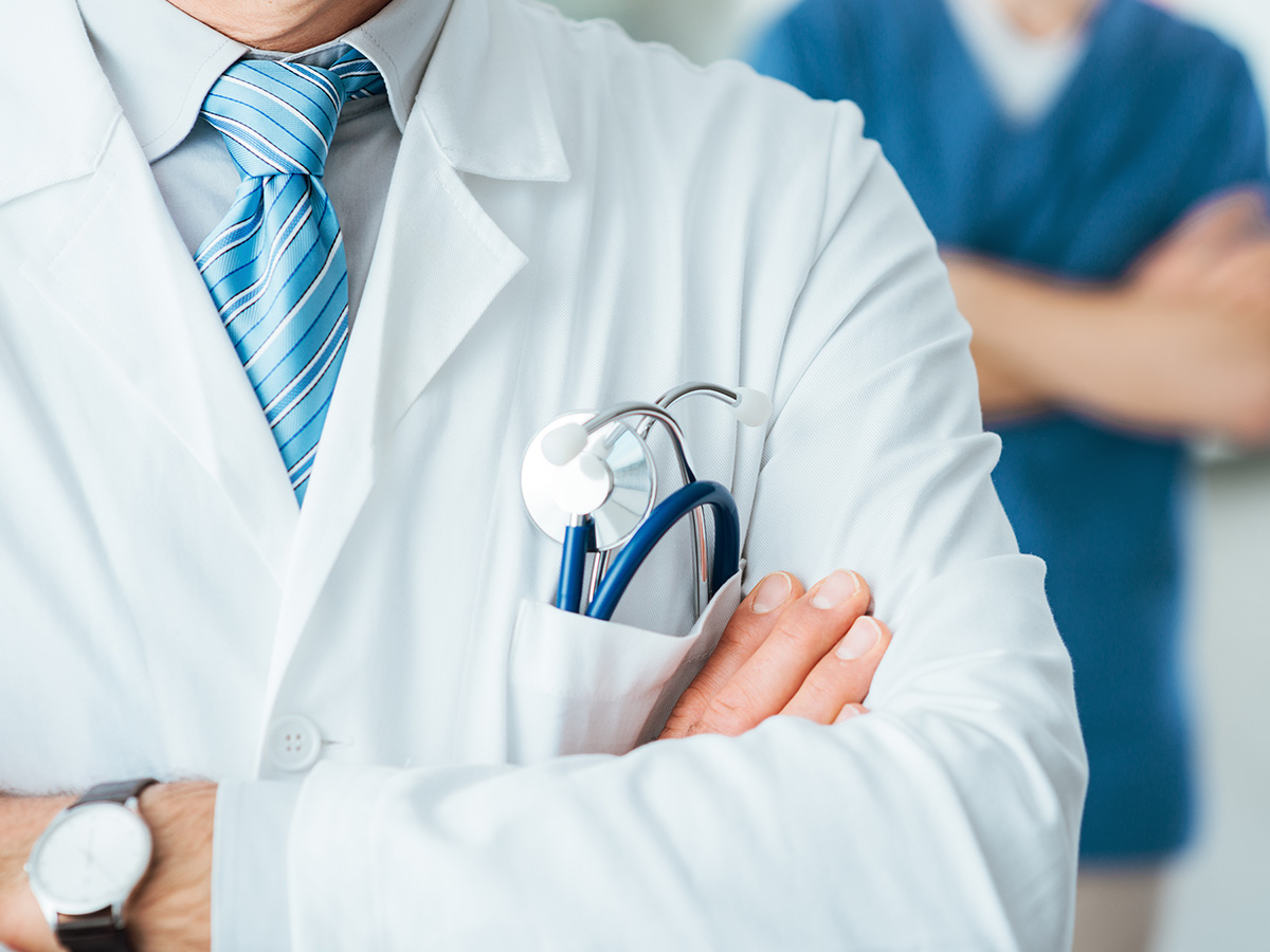 Closeup of the chest pocket of a lab coat